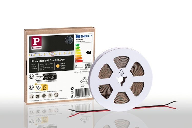 Paulmann LED-Streifen Silver Strip P75, 5 Meter, warmweißes Licht, IP20, Paulmann Logo, Energielabel Klasse D, auf Rolle gewickelt.