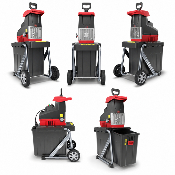Elektrischer Gartenhäcksler mit Fangbox und Rädern in verschiedenen Ansichten.
