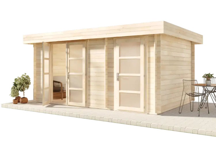 Alpholz Gartenhaus Modern-E Gartenhaus aus Holz in Pinie, Holzhaus mit 44 mm Wandstärke, Blockbohlenhaus mit Montagematerial imprägniert 4,7x3,2m