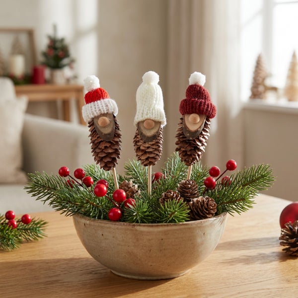 Weihnachtliche Tischdekoration mit drei Zapfenfiguren, Tannengrün und Beeren in einer Steinschale auf einem Holztisch.