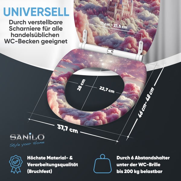 Sanilo WC Sitz mit Wolken und Schloss Motiv sowie technischen Abmessungen fuer die Montage auf handelsueblichen WC Becken.