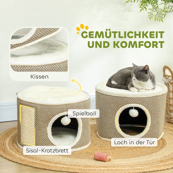PawHut Kratztonne, 56 cm Hoch Katzentonne mit Höhle, Kratzbaum, Katzenturm aus Sisal, für Katze bis 5 kg, Kaffee
