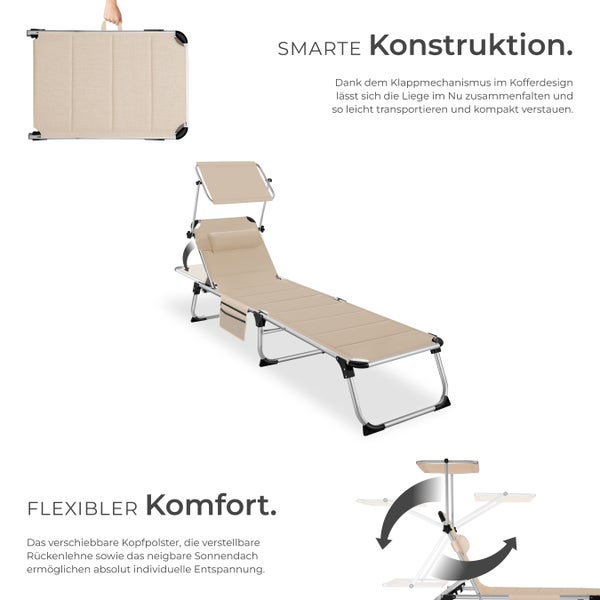 Sonnenliege tectake Lorella 220 x 60,5 x 34 cm, mit Seitentasche  gepolstert, klappbar beige