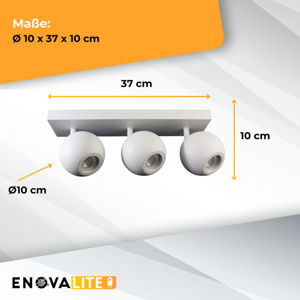 Deckenleuchte mit drei Strahlern und Maßangaben