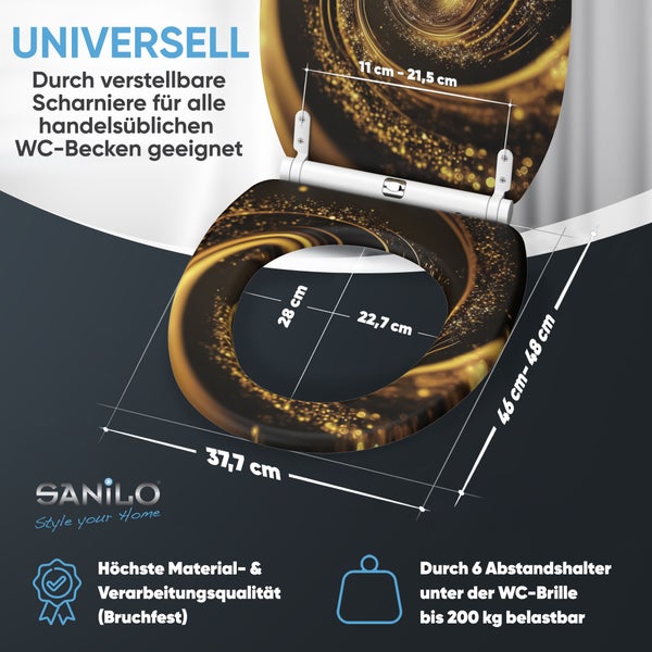 Sanilo WC-Sitz mit abstraktem Muster und verstellbaren Scharnieren, universell passend mit Maßangaben und Belastbarkeit bis zu 200 Kilogramm.