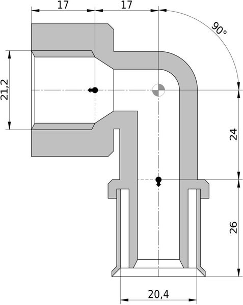 Technische Zeichnung eines 90 Grad Rohrbogens mit Maßangaben in Millimetern.