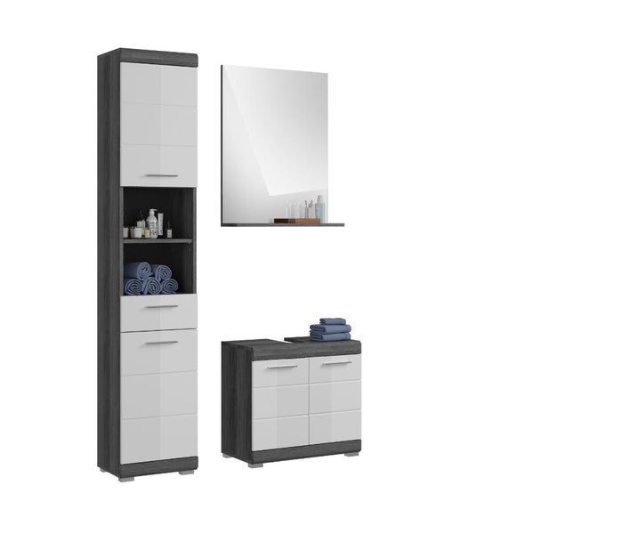 Badezimmer-Set mit Hochschrank, Spiegel inklusive Ablage und Unterschrank, Korpus in dunkler Holzoptik, Fronten in Weiß-Hochglanz.