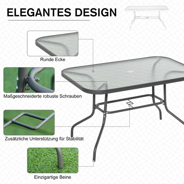 Outsunny Gartentisch, Bistrotisch mit Glasplatte, Schirmloch, 120 x 80 x 70 cm, Hartglas + Metall, Carbongrau