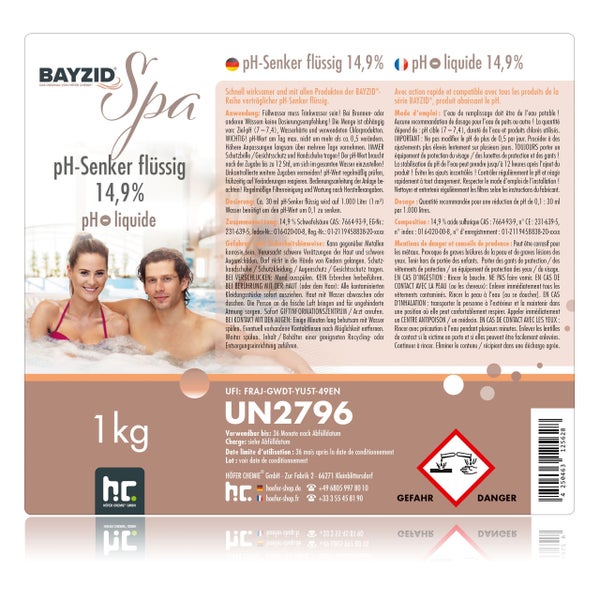 BAYZID Spa pH-Senker flüssig 14,9% in 1 kg-Flasche zur Senkung des pH-Werts in Spa- und Poolwasser