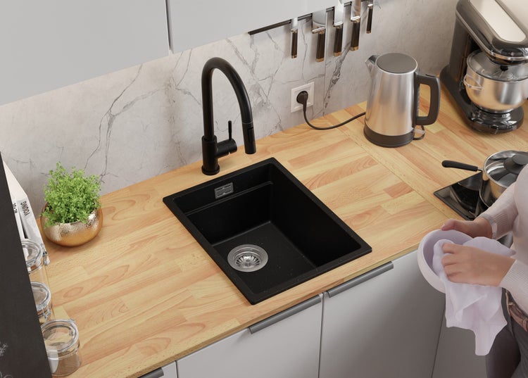 PRIMAGRAN Spülbecken Schwarz Metallic 36x47cm, Granitspüle 1 Becken + Ablauf-Set + Aufrollbare Abtropffläche, Küchenspüle ab 40er Unterschrank - Praga Slim
