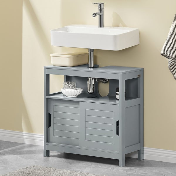 Grauer Waschtischunterschrank mit Waschbecken und Ablageflächen zur Badezimmeraufbewahrung.