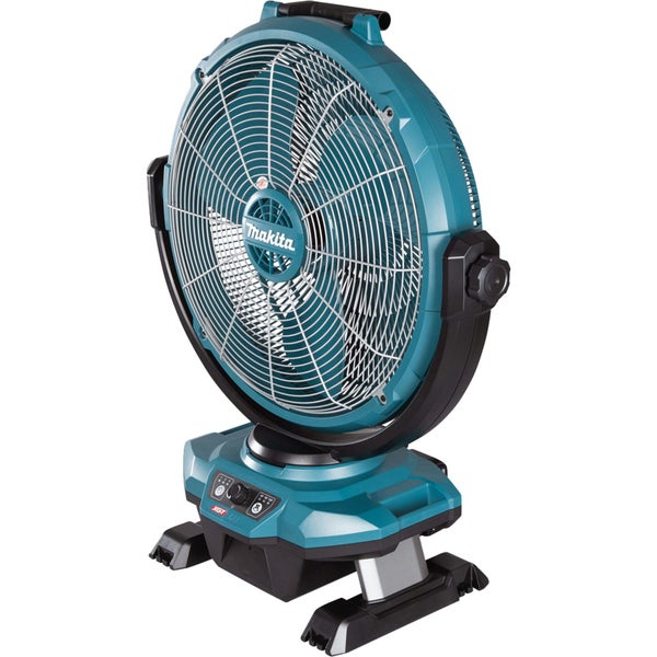 Makita Akku-Ventilator mit schwenkbarem Kopf, Metallschutzgitter, Makita Logo und stabilem Standfuss mit Bedienelementen.