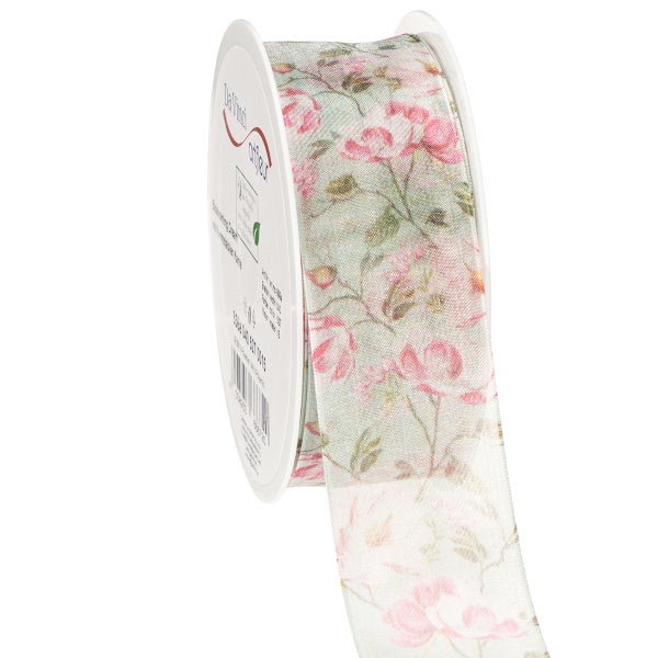 Dekoratives Stoffband mit floralem Muster auf einer Rolle.