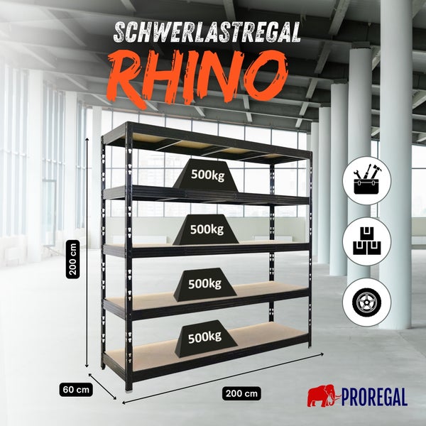 Schwerlastregal RHINO von PROREGAL mit 5 Fachböden, Belastbarkeit 500 Kilogramm pro Boden, Maße 200 mal 200 mal 60 Zentimeter.