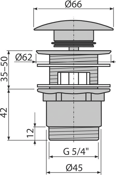 Maßzeichnung eines Waschbecken-Ablaufventils: Durchmesser oben 66 Millimeter, Anschluss G 5/4 Zoll, Durchmesser unten 45 Millimeter.