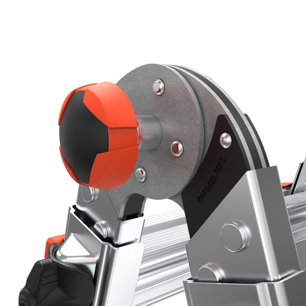 Gelenk einer Mehrzweckleiter aus Aluminium mit rotem Verriegelungsmechanismus