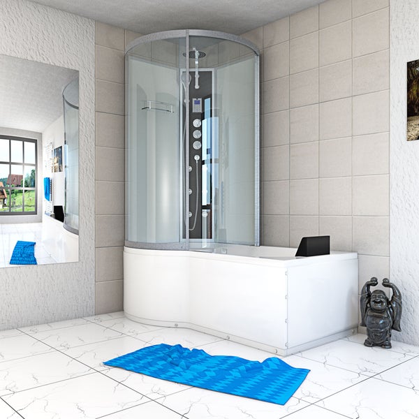 Badewanne-Dusch-Kombination mit gebogener Glas-Duschkabine und Duschpaneel mit Massagedüsen in einem hellen Badezimmer mit Fliesen in Marmoroptik.