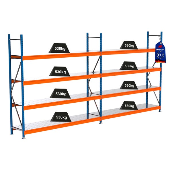 Lagerregal mit acht Gewichten von 530 Kilogramm und Made in EU Kennzeichnung