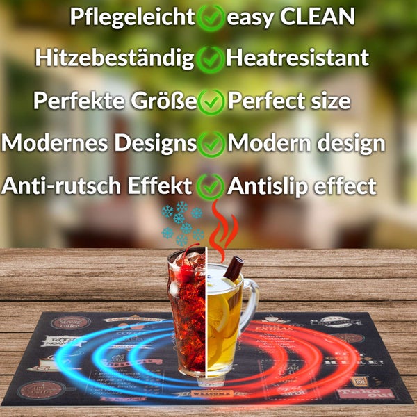 Tischset mit Kaffeemotiv, pflegeleicht, hitzebeständig und rutschfest, geeignet für heiße sowie kalte Getränke auf einem Holztisch.