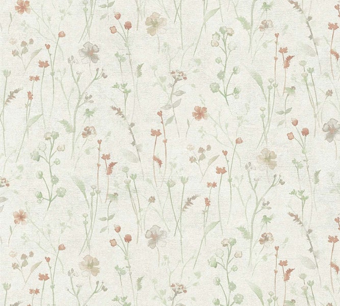 Vliestapete mit zartem Wiesenblumenmuster und filigranen Pflanzendetails für eine natürliche Wandgestaltung