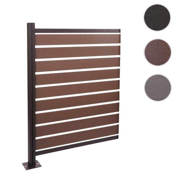 WPC-Sichtschutzelement mit horizontalen Lamellen und Metallpfosten sowie Oberflächenmustern.