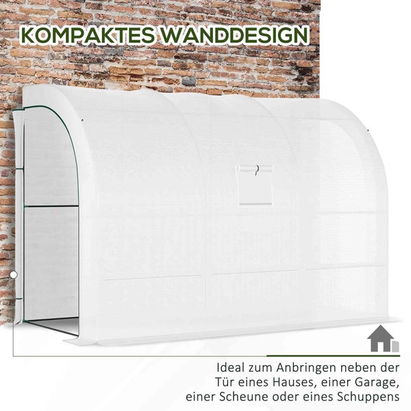 Outsunny Gewächshaus mit Regale Fenster, winterfest Foliengewächshaus aus Stahl, wandmontiert Treibhaus für Balkon, Garten, Tomatenhaus 300x150x213cm Tomatengewächshaus für Gemüse Blumen Pflanzen Weiß