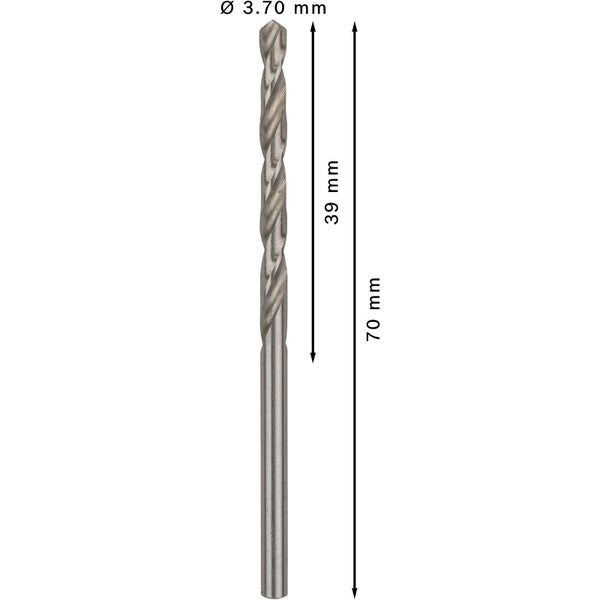 Metallbohrer mit den Maßen 3,70 mm Durchmesser, 39 mm Spirallänge und 70 mm Gesamtlänge