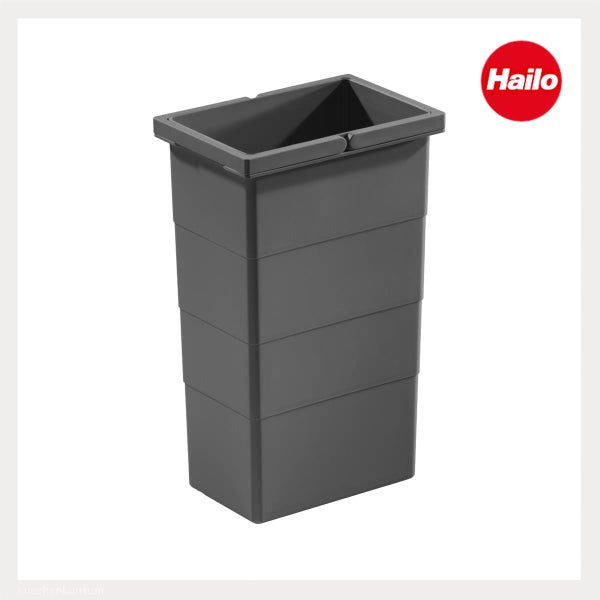 Hailo Abfalleimer aus grauem Kunststoff in rechteckiger Form mit Hailo Logo.