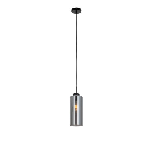 Pendelleuchte mit zylindrischem Glasschirm in Rauchglasoptik, schwarzes Kabel und schwarze Deckenhalterung.