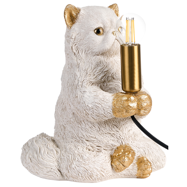 Dekorative Tischleuchte in Form einer sitzenden Katze, die eine goldfarbene Lampenfassung mit einem LED-Filament-Leuchtmittel hält.