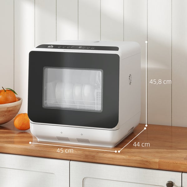 Kompakter Tischgeschirrspüler mit Sichtfenster, Breite 45 Zentimeter, Tiefe 44 Zentimeter und Höhe 45,8 Zentimeter.