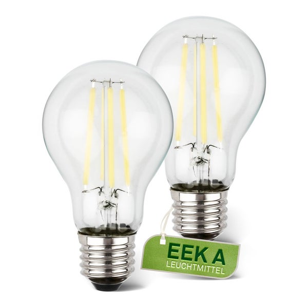 Zwei klare LED-Filament-Leuchtmittel mit E27-Sockel und Energieeffizienzklasse A.