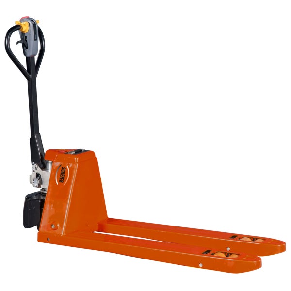 Oranger Hubwagen mit schwarzem Griff und Scheffer Logo.