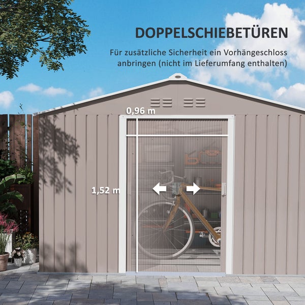 Outsunny Gerätehaus 4,9 m², Gartenhaus mit Pultdach, Schiebetür, Fundament, 277 x 195 x 192 cm, Geräteschuppen aus Verzinkter Stahl, wetterfest, für Garten, Hellgrau