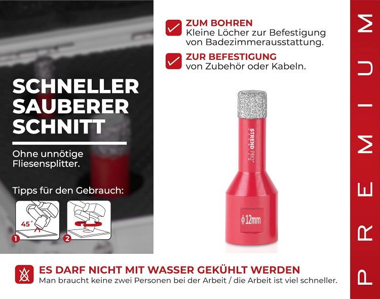 PROREGAL Diamant Bohrkronenaufsatz Premium Crystal 12 mm für Fliesen Glas Feinsteinzeug Keramik Granit Steinfliesen Winkelschleifer Flex M14