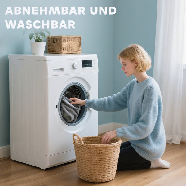 Frau räumt Wäsche in eine Waschmaschine in einem hellen Raum