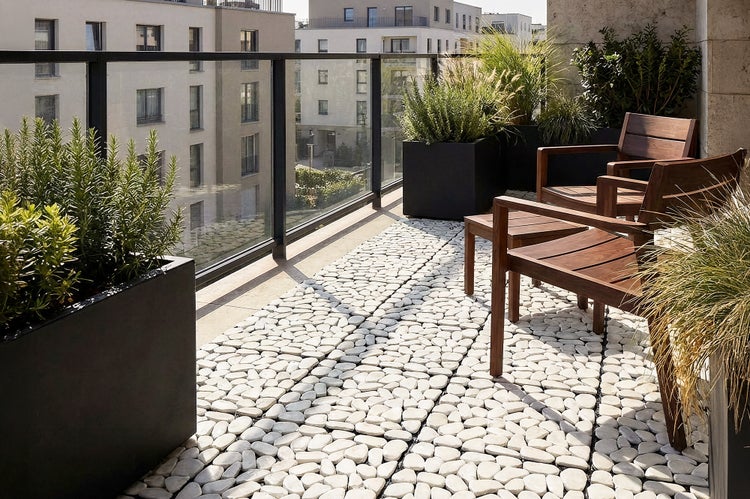 Moderne Dachterrasse mit Holzstühlen, Pflanzgefäßen und Bodenbelag aus Kieselsteinen vor einem Wohnhaus bei sonnigem Wetter.
