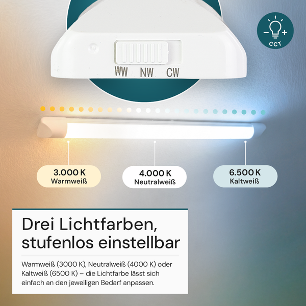 LED-Leuchte mit stufenlos einstellbarer Farbtemperatur: Warmweiß 3000 Kelvin, Neutralweiß 4000 Kelvin und Kaltweiß 6500 Kelvin.
