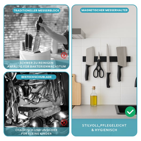 CHEFGASTRO Magnetleiste magnetische Messerleiste Messerhalter aus Metall | HxBxT 4x40x1,5cm | Inkl. 3 schwarze Haken | Schwarz |  extra stark magnetischer Messerstreifen zum Kleben oder Schrauben