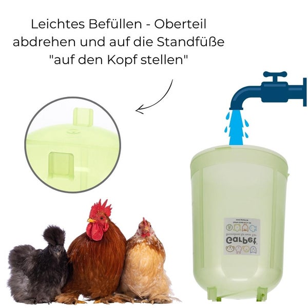 Geflügeltränke mit Wasserhahn und Hühnern