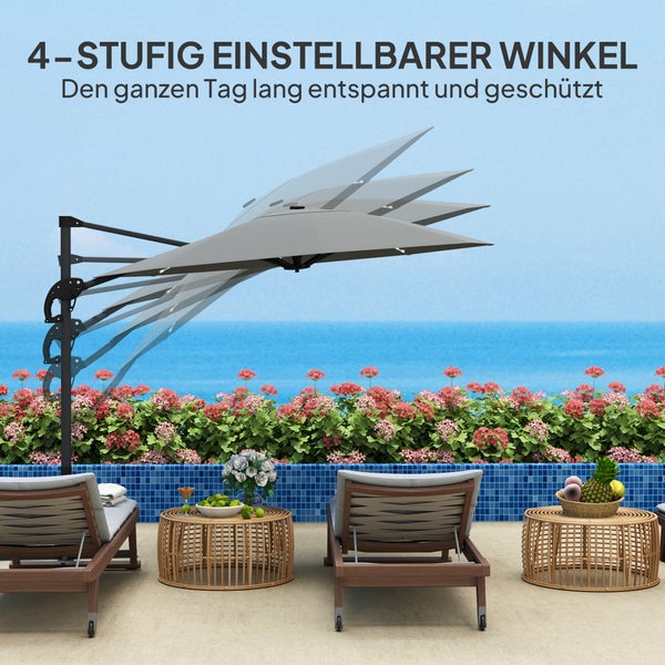 Outsunny Alu Ampelschirm LED Solar Ø300cm höhenverstellbar Sonnenschirm mit Kurbel Ständer UV50+ Wasserabweisend 360° drehbar Marktschirm neigbar Gartenschirm Sonnenschutz für Garten Balkon Dunkelgrau