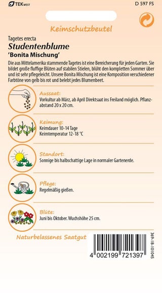 Verpackung Studentenblume 'Bonita Mischung' mit Informationen zu Aussaat, Keimung, Standort, Pflege und Blütezeit