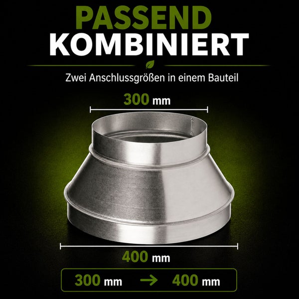 Lüftungsreduzierung aus Metall, Übergang von 300 Millimeter auf 400 Millimeter Durchmesser.