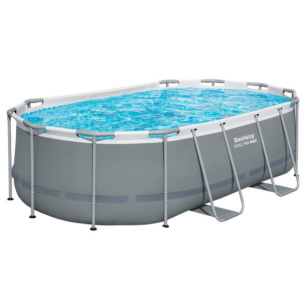 Bestway Steel Pro Max Aufstellpool in ovaler Form mit grauem Außenmaterial und stabilem Stahlrahmen.