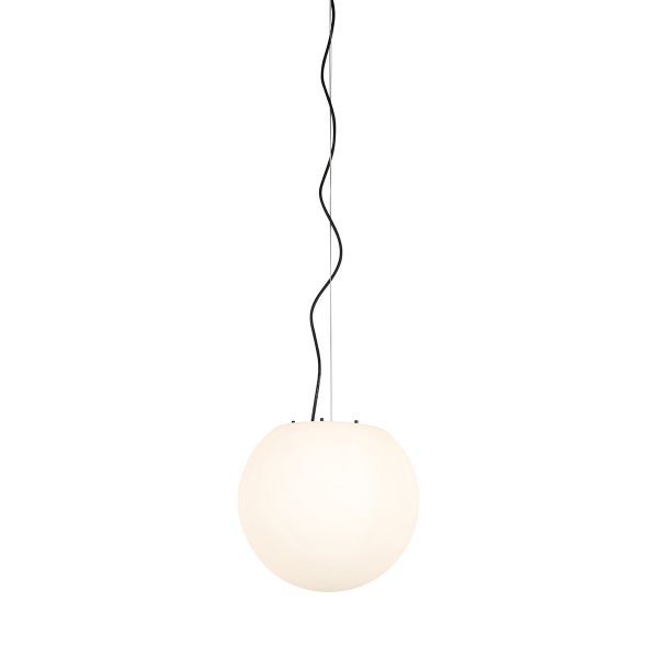 Kugelförmige Pendelleuchte aus Glas mit gewelltem schwarzem Kabel.