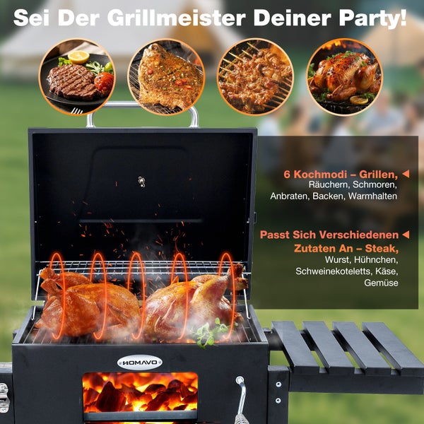Holzkohlegrill mit verschiedenen Grilloptionen wie Grillen, Räuchern, Schmoren, Anbraten, Backen und Warmhalten. Geeignet für Steak, Wurst, Hühnchen, Schweinekoteletts, Käse und Gemüse.