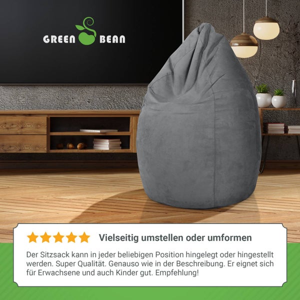 Green Bean Sitzsack mit Rückenlehne 60x60x90cm - Indoor Sitzkissen 220L Füllung Kuschelig Waschbar - Bean Bag Bodenkissen Lounge Chair Sitzhocker - Grau