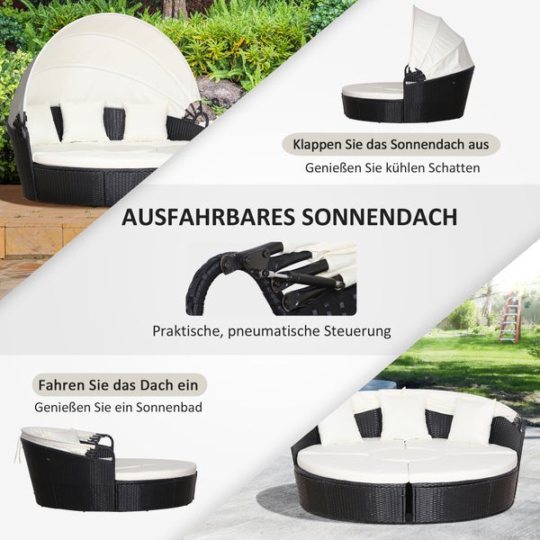 Outsunny Rattan Sonneninsel, Loungegruppe mit Sonnendach, Sitzgruppe, Kissen und Beistelltisch, Metall, Creme, 180 x 175 x 147 cm