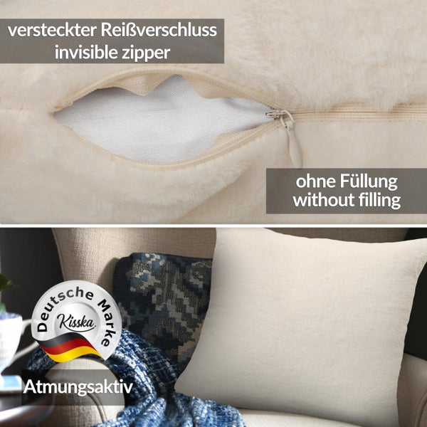 Flauschige Kissenhülle aus Kunstfell ohne Füllung mit verdecktem Reißverschluss, atmungsaktiv, Kisska Logo, Deutsche Marke.
