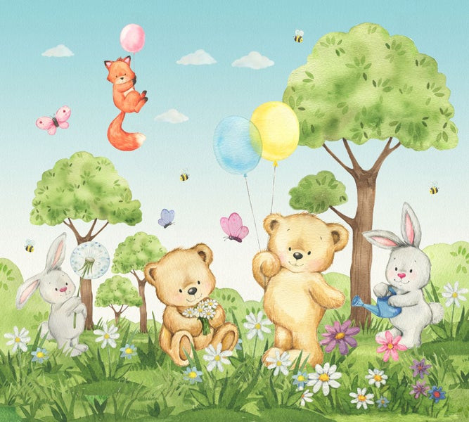 Illustration mit Bären, Hasen und einem Fuchs auf einer Wiese mit Blumen und Bäumen